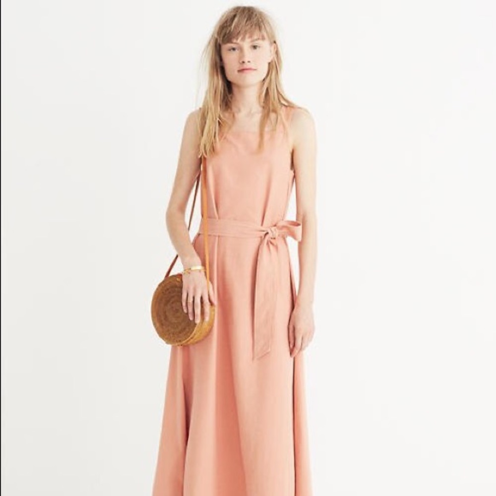 Madewell cotton peach-tan tie at waist sundress